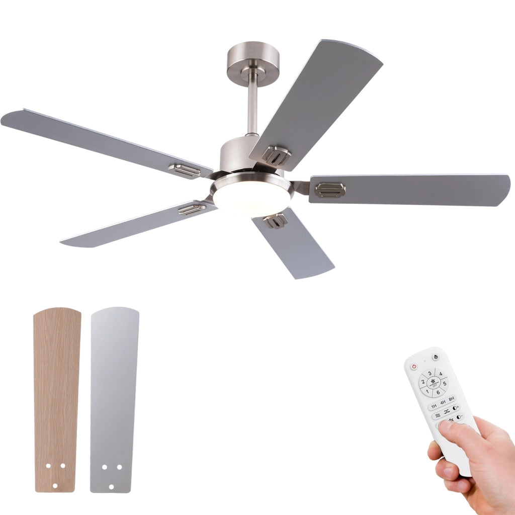 Ventilatore da soffitto con luce e telecomando, 6 velocità, dimmerabile, metallo e legno, nichel