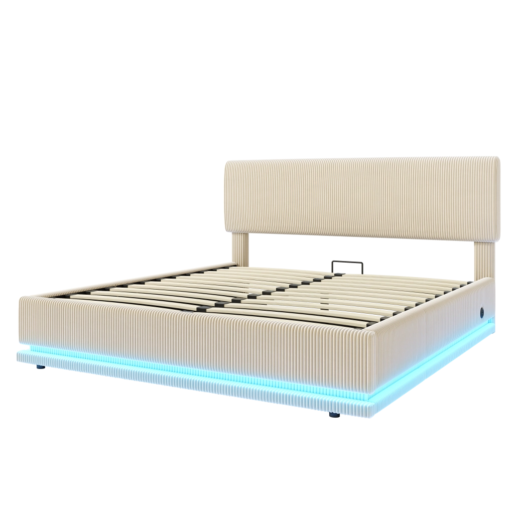 Letto moderno imbottito con LED e USB-C - Zephmum - Testiera regolabile in tessuto cord - 160x200 - Beige