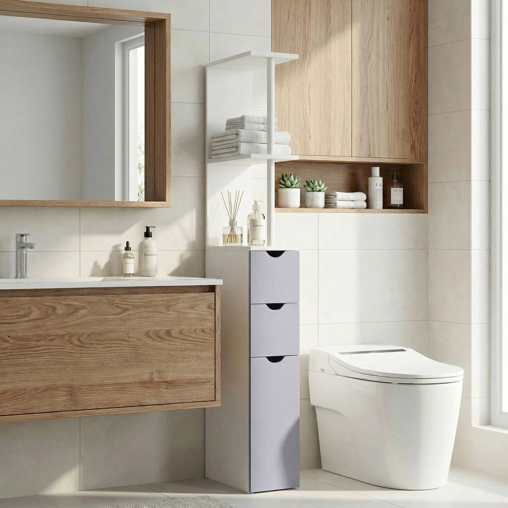 Colonna Bagno Moderna con 2 Ripiani 2 Cassetti e Anta ¨C zephmum ¨C Bianco 15x33x136,8 cm