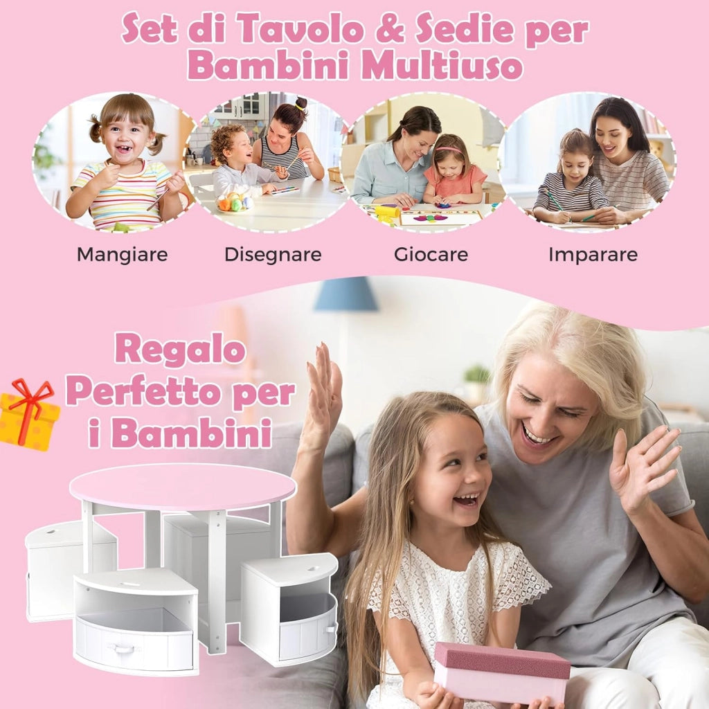 Set Tavolo e Sedie per Bambini a 5 Pezzi, Tavolino Rotondo Salvaspazio con 4 Sgabelli, Ripiano e 4 Cassetti in Tessuto, Set Mobili per Cameretta, Asilo e Disegnare (Rosa)