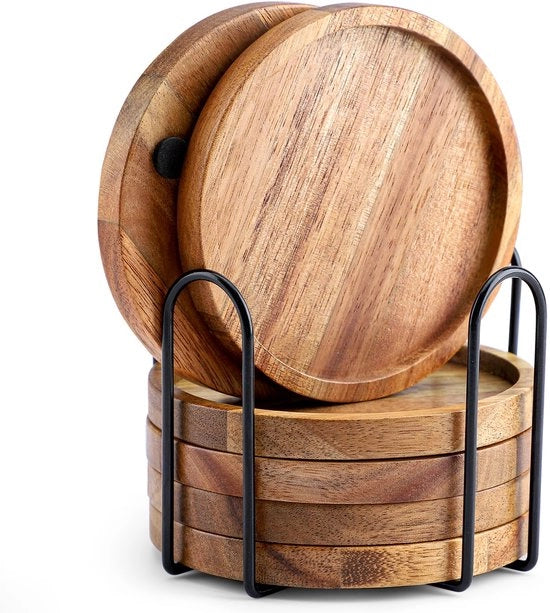 Set di supporti in legno di acacia rotondi per bicchieri, con 6 pezzi, supporti con alloggiamento, per bicchieri, bar, tazze, bicchieri