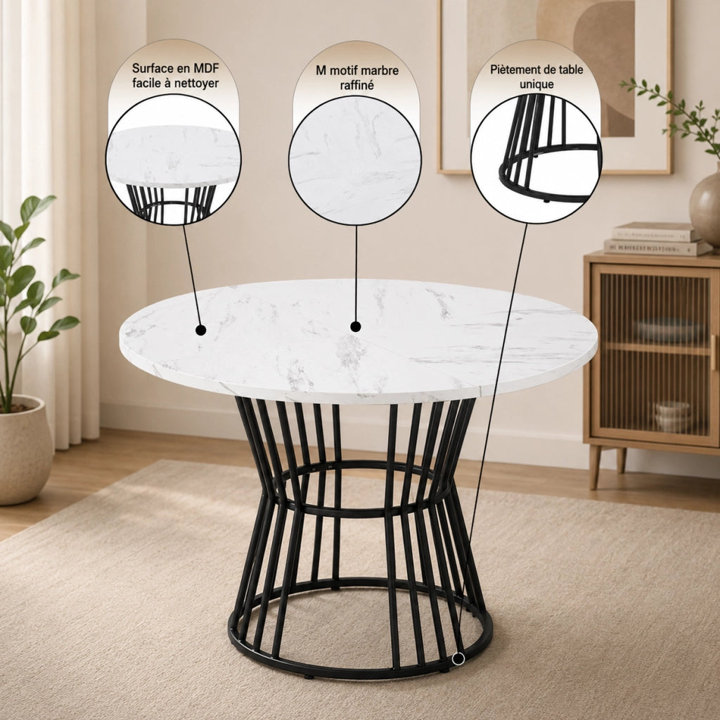 Tavolo da pranzo rotondo 100x75 cm con effetto marmo in MDF e metallo nero