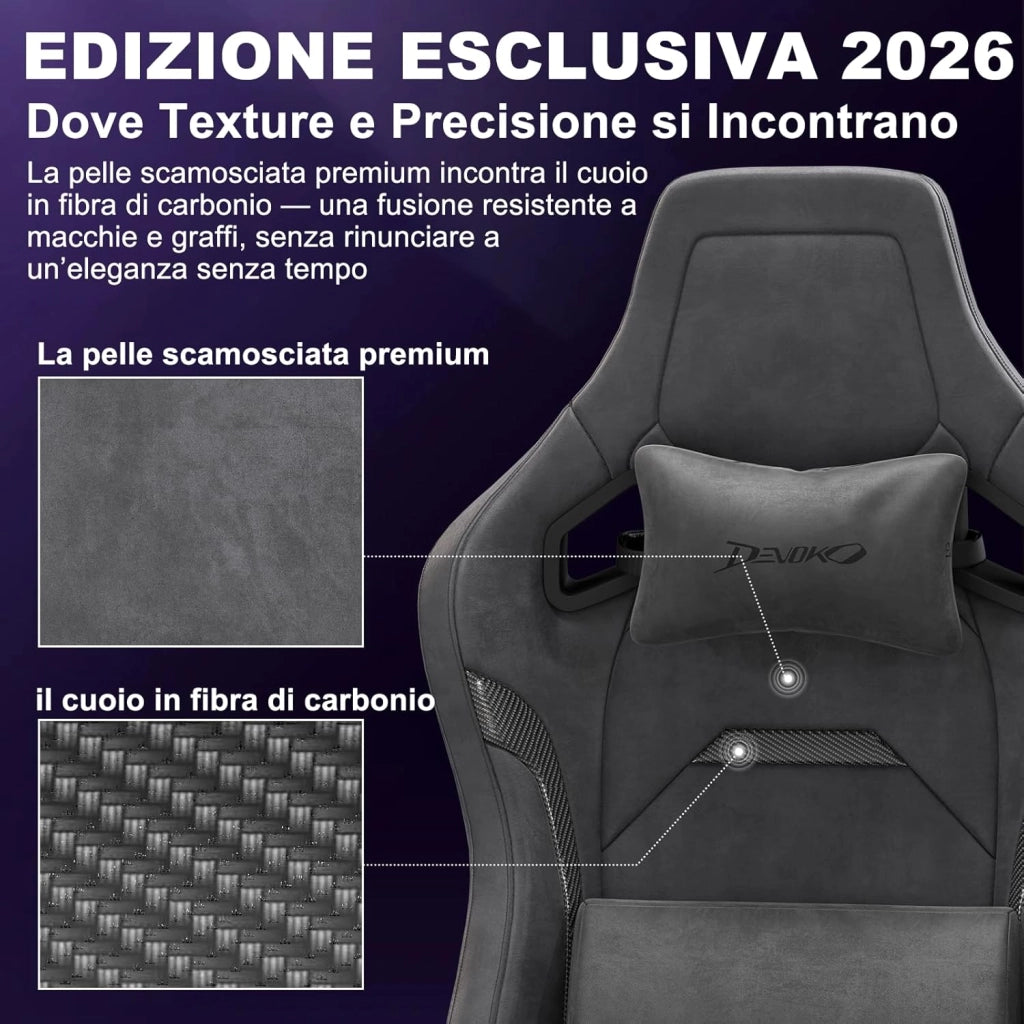 Sedia da Gaming Ergonomica in Pelle Scamosciata, Poltrona da Ufficio Gamer Reclinabile 90°-135°, Braccioli 3D Regolabili, Base in Metallo, Ruote Silenziose, Portata 180kg, Nero