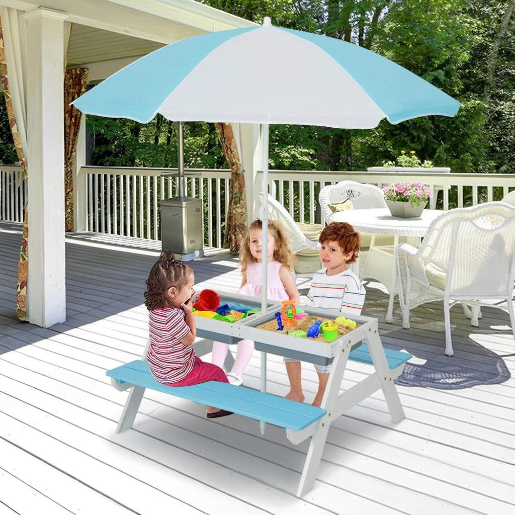 Set Tavolo e Sedie per Bambini da Giardino 3 in 1, con Ombrellone Rimovibile e Regolabile, Piano Rimovibile, Tavolo con Panche in Legno per Bambini da Interno Esterno (Blu e Bianco)
