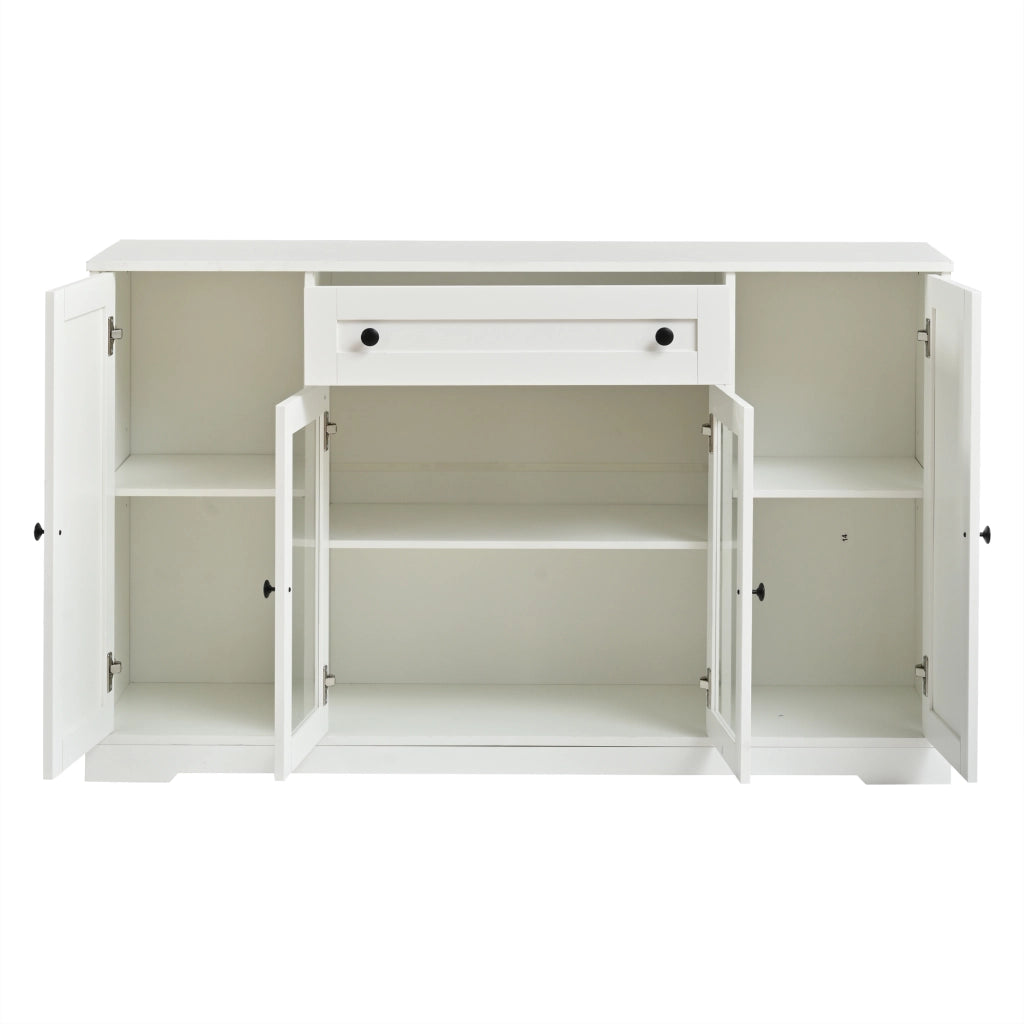 Credenza a quattro ante, mobile da ingresso, 2 ante in vetro, con cassetti, 138 x 40 x 83 cm, bianca