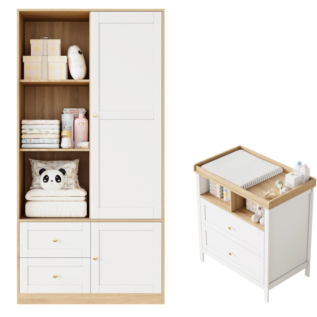 Set armadio e fasciatoio per bambino, con ante scorrevoli, ripiani, cassetti e struttura in MDF bianco effetto legno