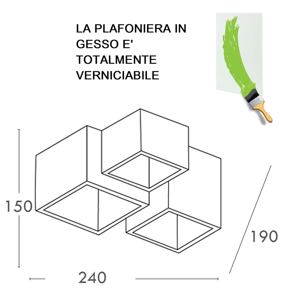 Lampada gesso da soffitto plafoniera a 3 cubi attacco faretto GU10 luce calda