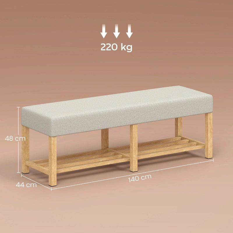 Panca portascarpe in legno massello 140 cm con seduta imbottita, stile moderno per ingresso, colore bianco crema