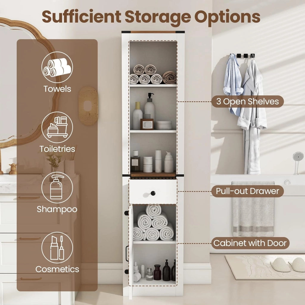 Mobile bagno, colonna bagno con cassetto scorrevole, ripiano regolabile e 3 scomparti aperti, armadio portaoggetti stretto per soggiorno, lavanderia, cucina, bianco