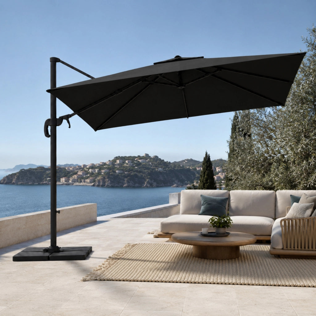 Ombrellone Professionale Per Giardino Terrazza Piscina Gazebo Dehors Bar Hotel Con Braccio Pieghevole Rotazione Completa 360° Tela Impermeabile Protezione Solare UV Acciaio Inossidabile 3x3 M Nero