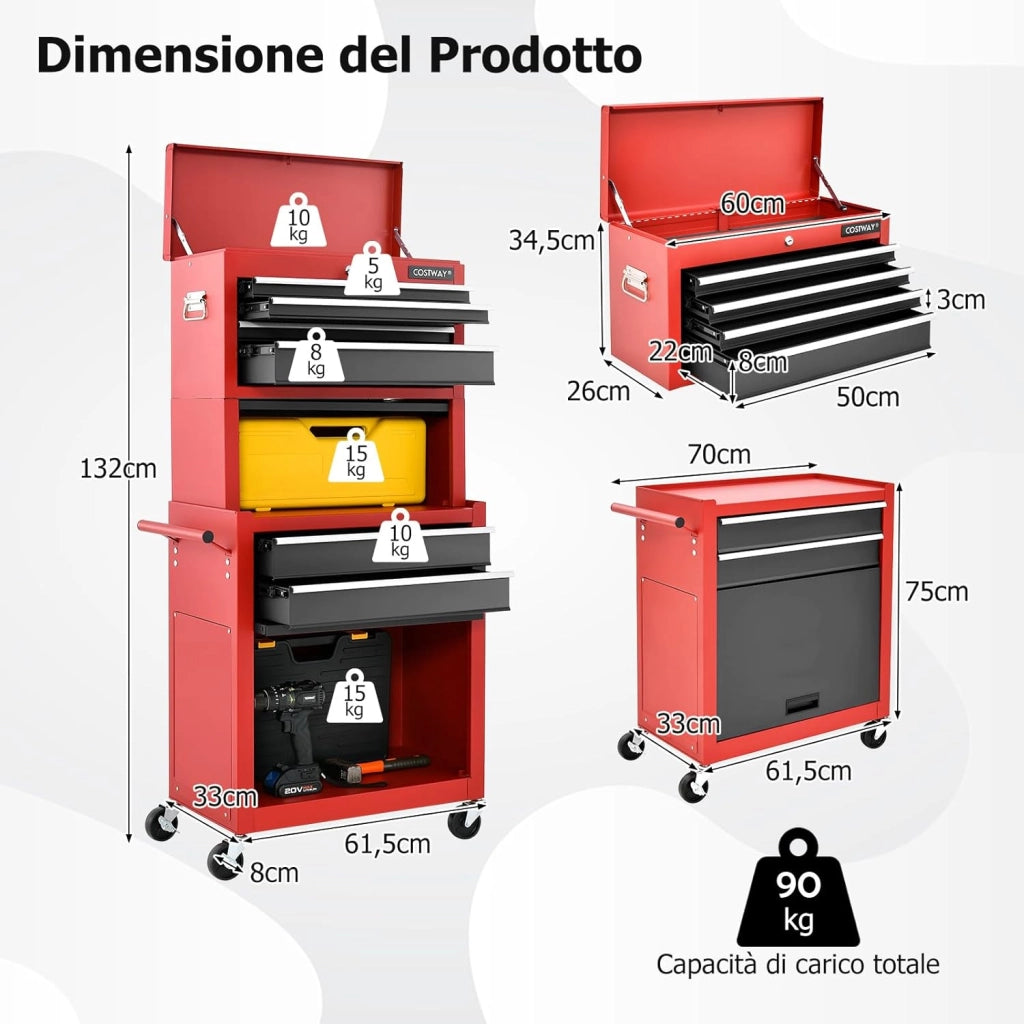 Cassettiera Portautensili a 6 Cassetti, Carrello per Attrezzi con Ruote Bloccabili, con Ripiano rimovibile e Serratura, 61,5 x 33 x 132 cm (Nero+Rosso)