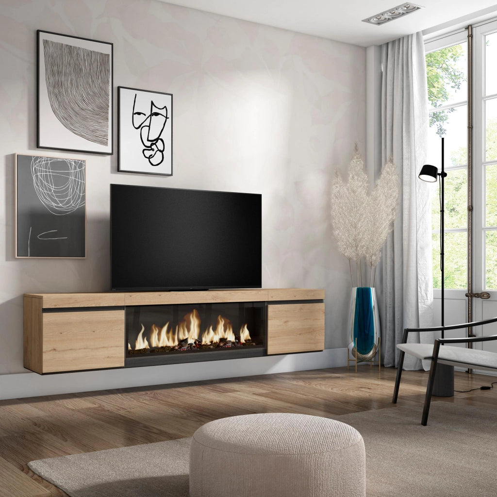Mobile TV Soggiorno, 208x35x45cm, Per TV fino a 80", Camino elettrico XXL, da appendere, colore Rovere RF3280