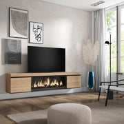 Mobile TV Soggiorno, 208x35x45cm, Per TV fino a 80", Camino elettrico XXL, da appendere, colore Rovere RF3280