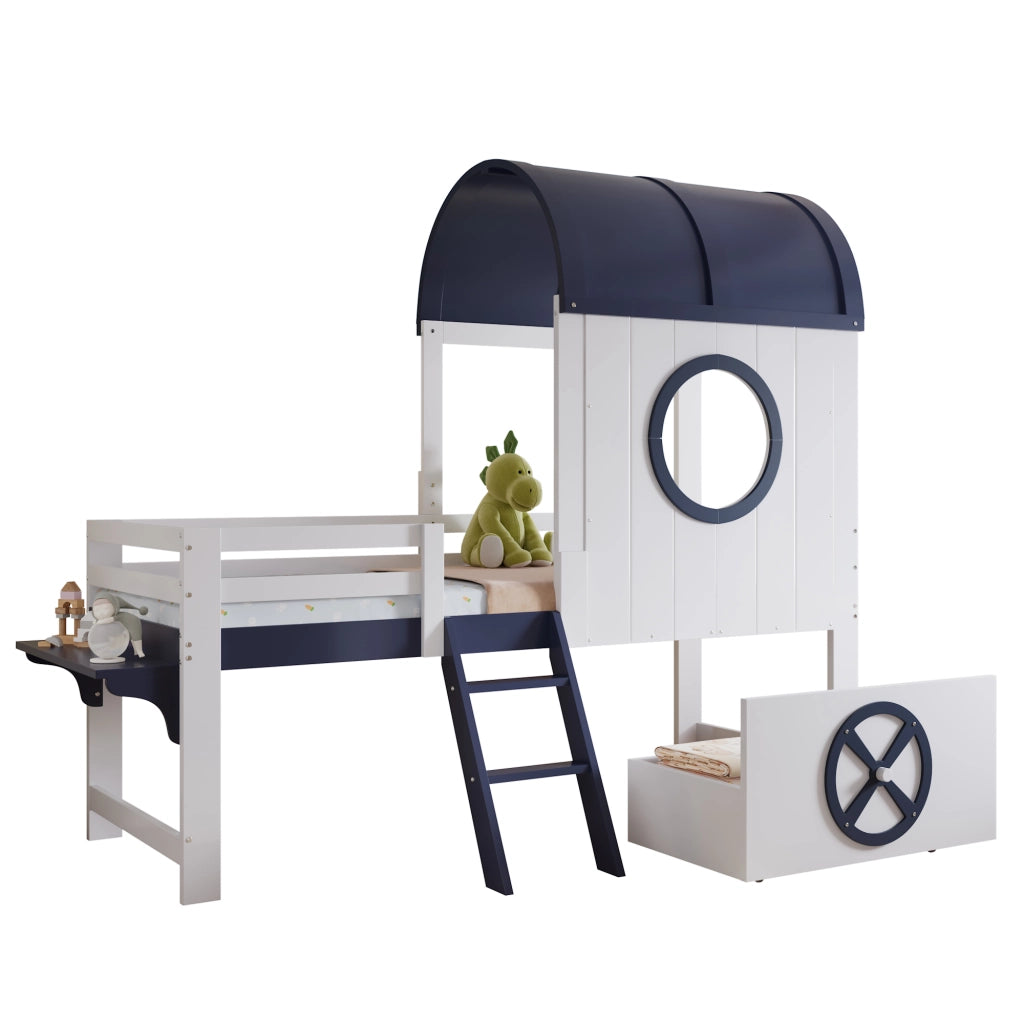Letto a Soppalco 90x200 cm - con Cassetto; Scaletta Inclinata e Mensola - in Legno - Bianco e Blu Scuro