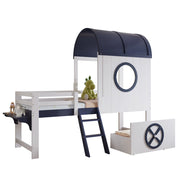 Letto a Soppalco 90x200 cm - con Cassetto; Scaletta Inclinata e Mensola - in Legno - Bianco e Blu Scuro
