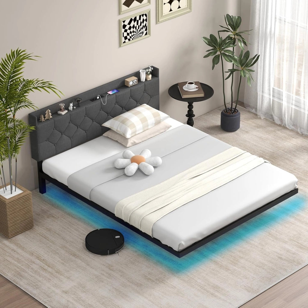 Letto Matrimoniale 140 x 200 Testiera con Luci LED, Struttura Letto a Doghe Carico 300 kg，Lettino con Struttura Moderno, Senza Materasso，Nero
