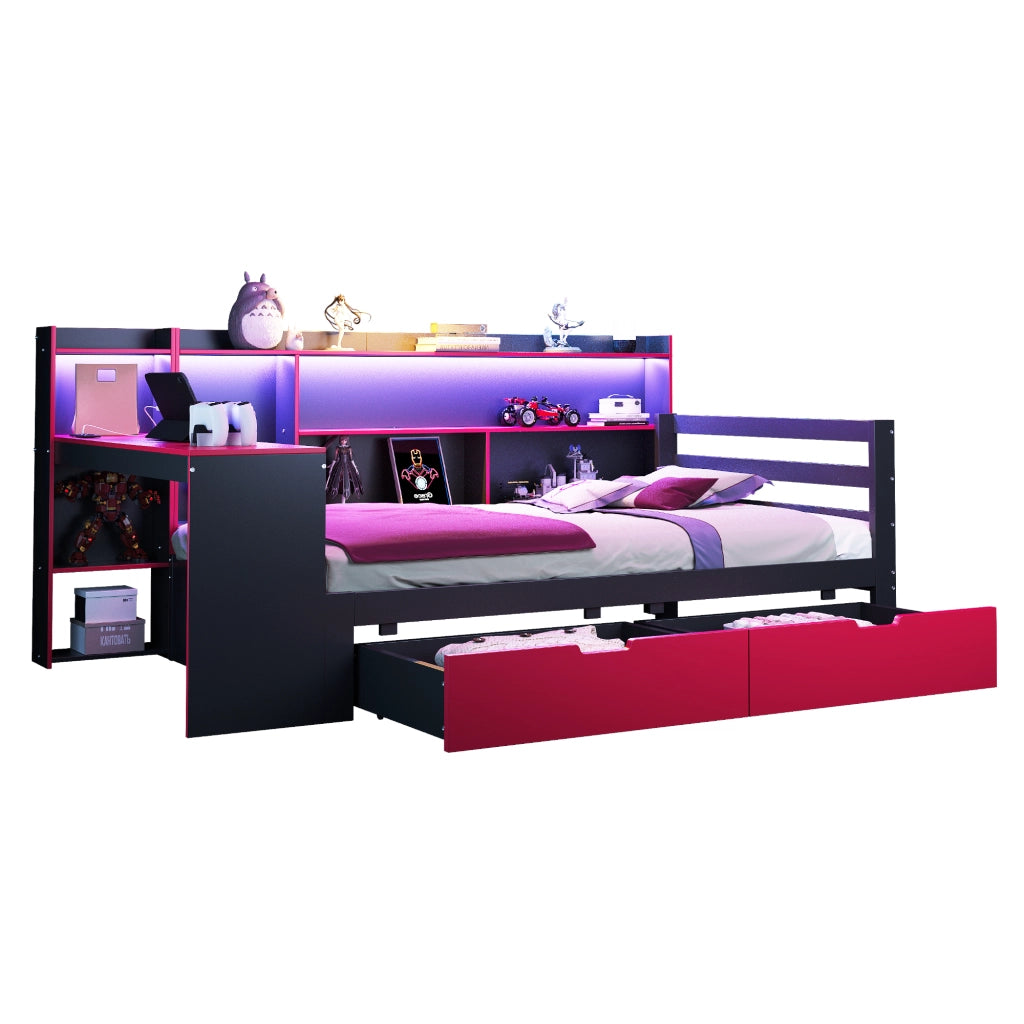 OKWISH Letto a Divano 90×200 cm, Letto Singolo con Scrivania, Libreria, 2 Cassetti, LED e Prese USB, senza Materasso, Nero e Rosso
