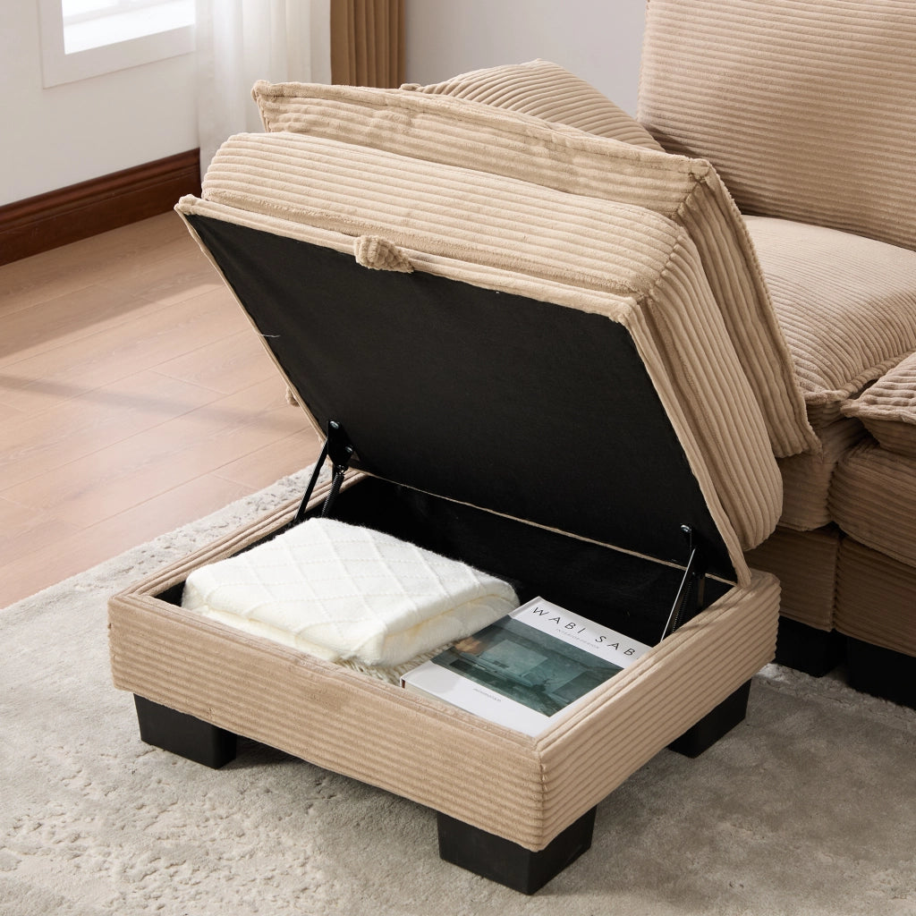 Divano Modulare 3 Posti in Corduroy con Pouf, USB-C e Tasche Laterali, Cachi