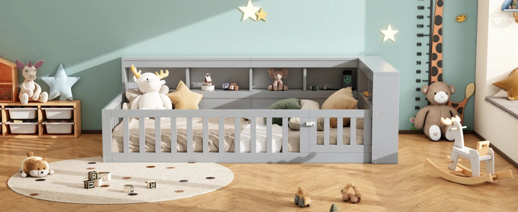 DESMIU Lit daybed 90 × 200 cm 1 posto con presa, USB, vani e sponda, senza materasso, in pannello grigio