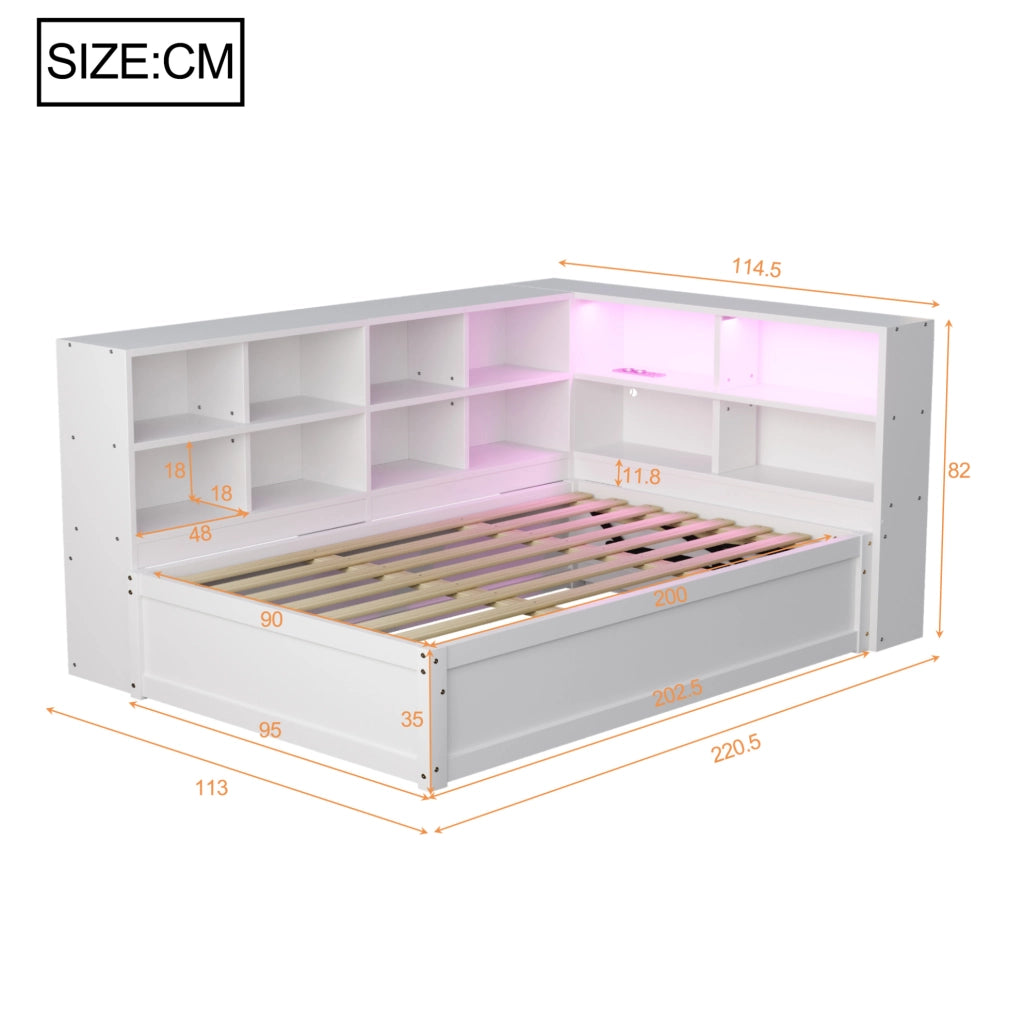 Letto 90x200 cm con prese multifunzione; LED e vani portaoggetti in legno bianco