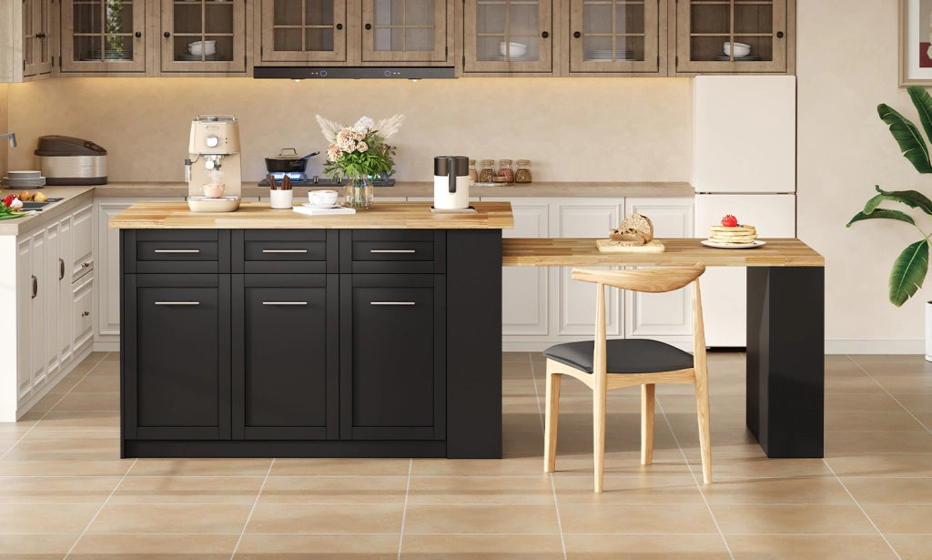 Isola da cucina moderna con tavolo estraibile, 150x90x90 cm, finitura naturale e nera, in MDF