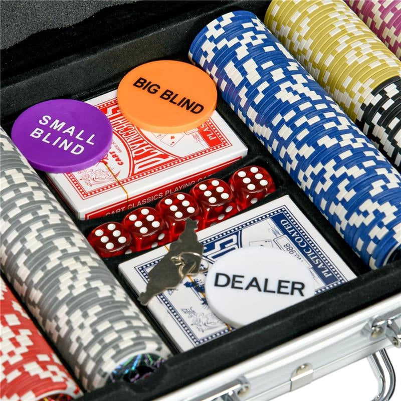 SET POKER PER 9-10 GIOCATORI CON 500 FICHES, 2 MAZZI DI CARTE E 5 DADI, IN ALLUMINIO E POLIESTERE