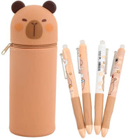 Etui 2 in 1 in silicone morbido per 4 penna, astuccio capibara in piedi, penne animali, astuccio retrattile con chiusura a righello, per bambini