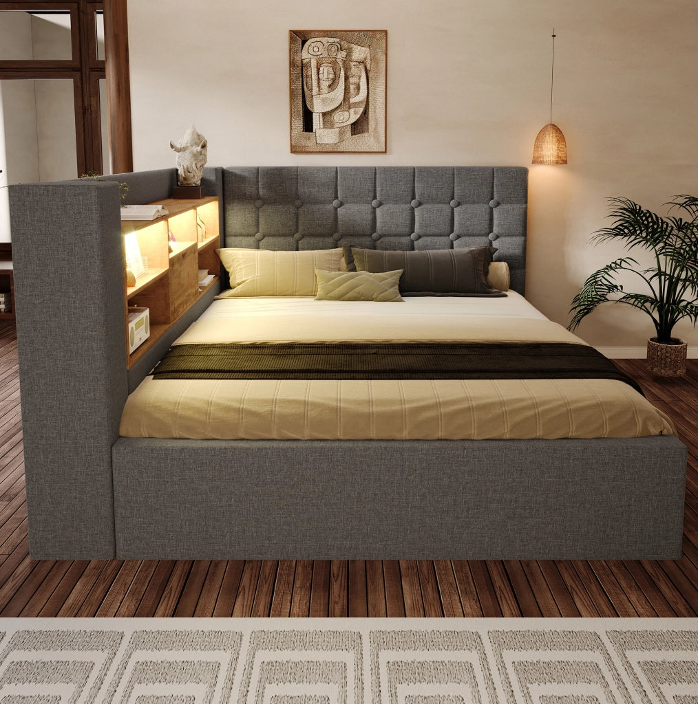 Letto matrimoniale 140x190 cm in tessuto grigio con LED; USB e contenitore idraulico