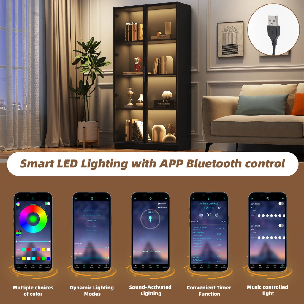 Vetrina con 2 Ante in Vetro con Telaio in Alluminio e LED App; 3 Ripiani 2 Regolabili; Moderna; in Pannello Truciolare; 80??40??160 cm; Nera