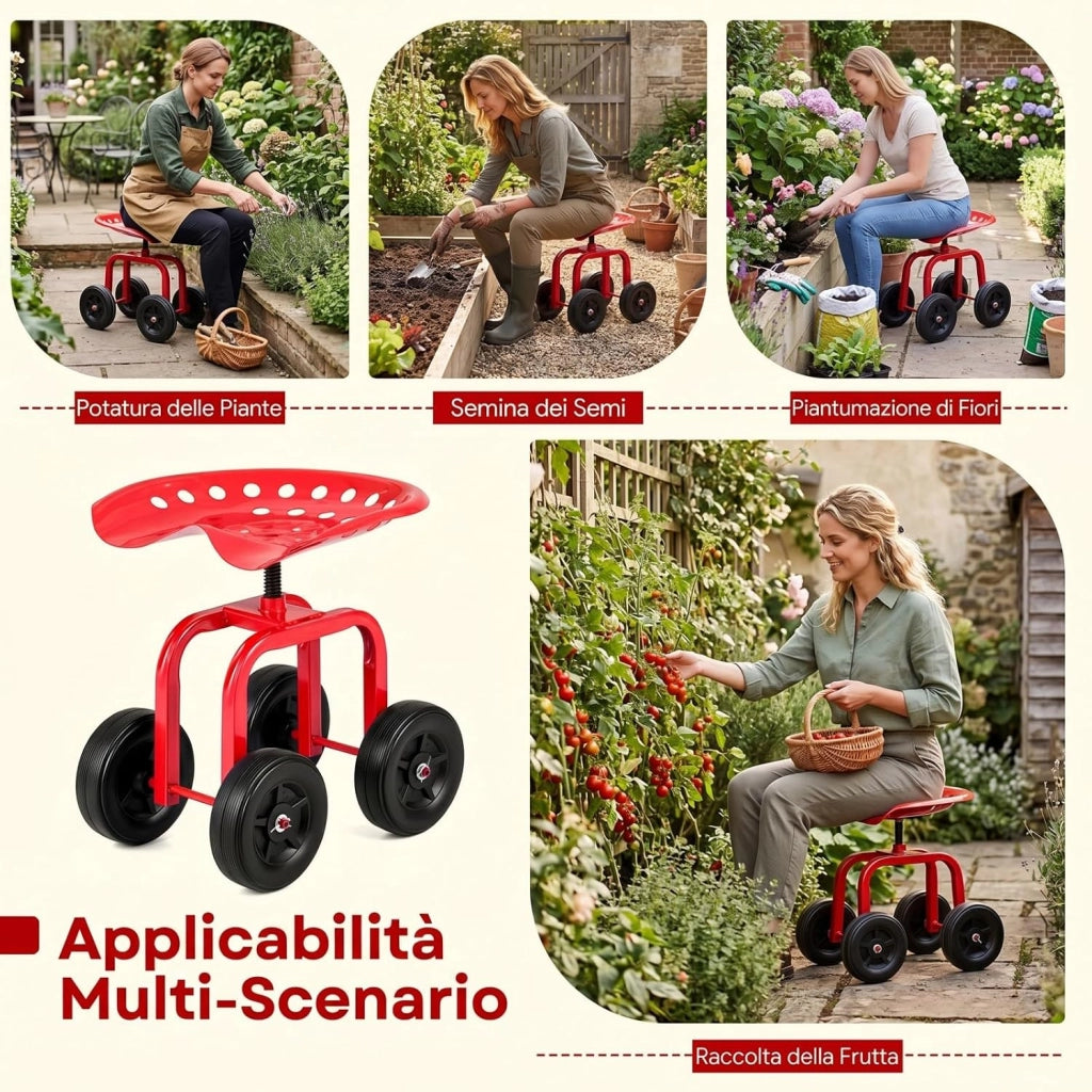 Sgabello con Ruote per Giardinaggio, Sedile con Ruote Regolabile in Altezza e Portatile, Seggiolino da Giardino, Prato e Cortile, Portata 150kg (Rosso)