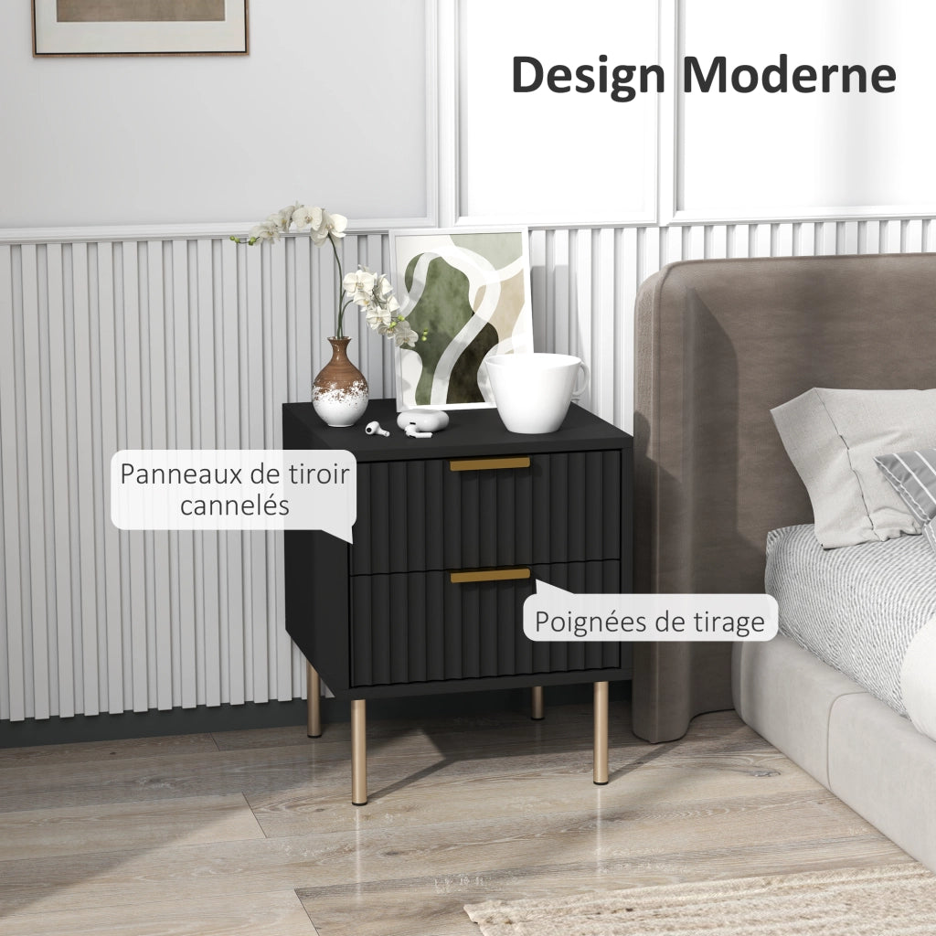 Comodino con 2 cassetti ¨C Xylo ¨C nero, piedi in acciaio, design moderno