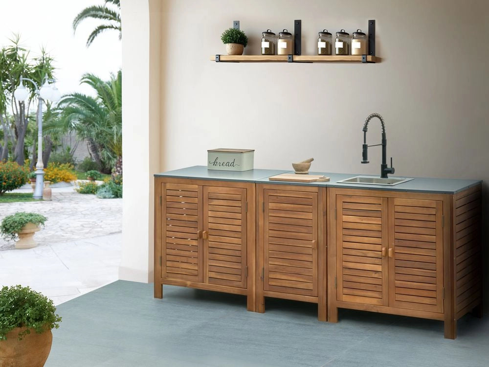 Cucina da giardino in legno di acacia 3 elementi con anta e ripiani Piano in acciaio con lavello e rubinetto Marrone e nero