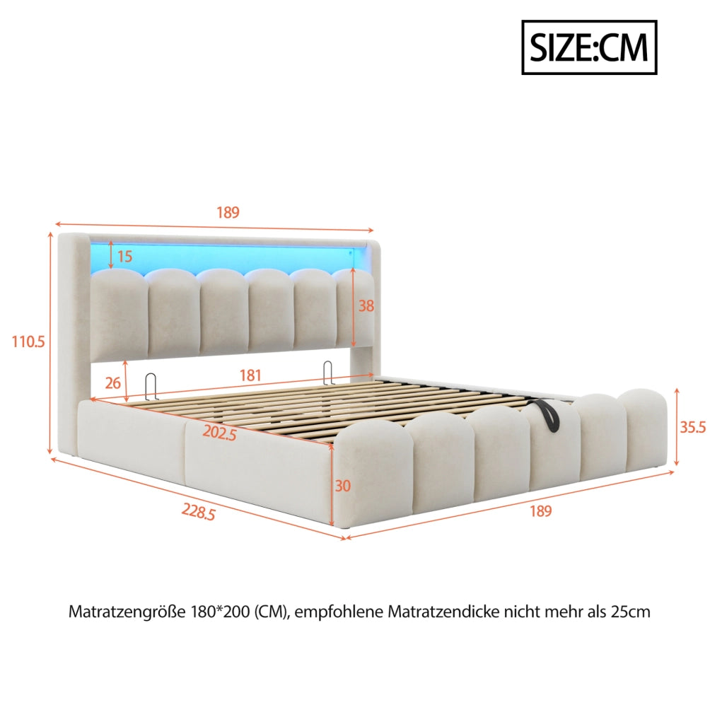 Letto imbottito 180x200 cm con contenitore; LED e USB in velluto beige