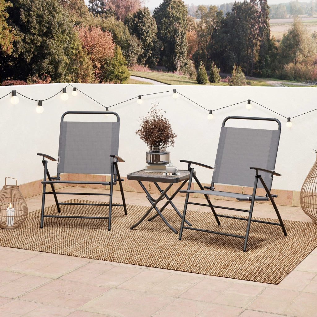 Set da Giardino 3 Pezzi Tavolo con Piano in Vetro e 2 Sedie Pieghevoli Grigio