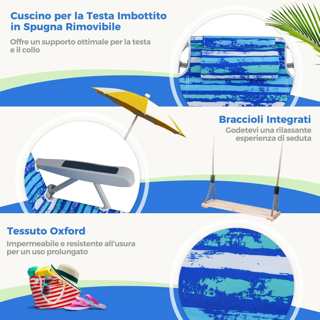 Sedia da Spiaggia, Sdraio Pieghevole a 5 Posizioni con Portabicchieri, Poltrona da Spiaggia con Cuscino per Testa e Zaino, Sedia da Campeggio Portatile, Portata 150 kg (1, Blu Scuro)