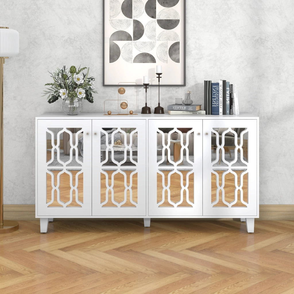 Credenza e Madia con 4 Ante e Ripiano Regolabile; Frontali a Specchio; Maniglie Cristallo; in MDF; 160??40??84 cm; Bianco