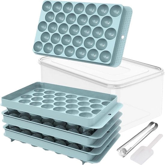 Set di congelazione in forma di cubetto di ghiaccio in silicone da 3 con coperchio - 99 ciotole di ghiaccio rotonde - maniglia di congelazione, maniglia di congelazione e cucchiaio per congelazione e maniglia di congelazione
