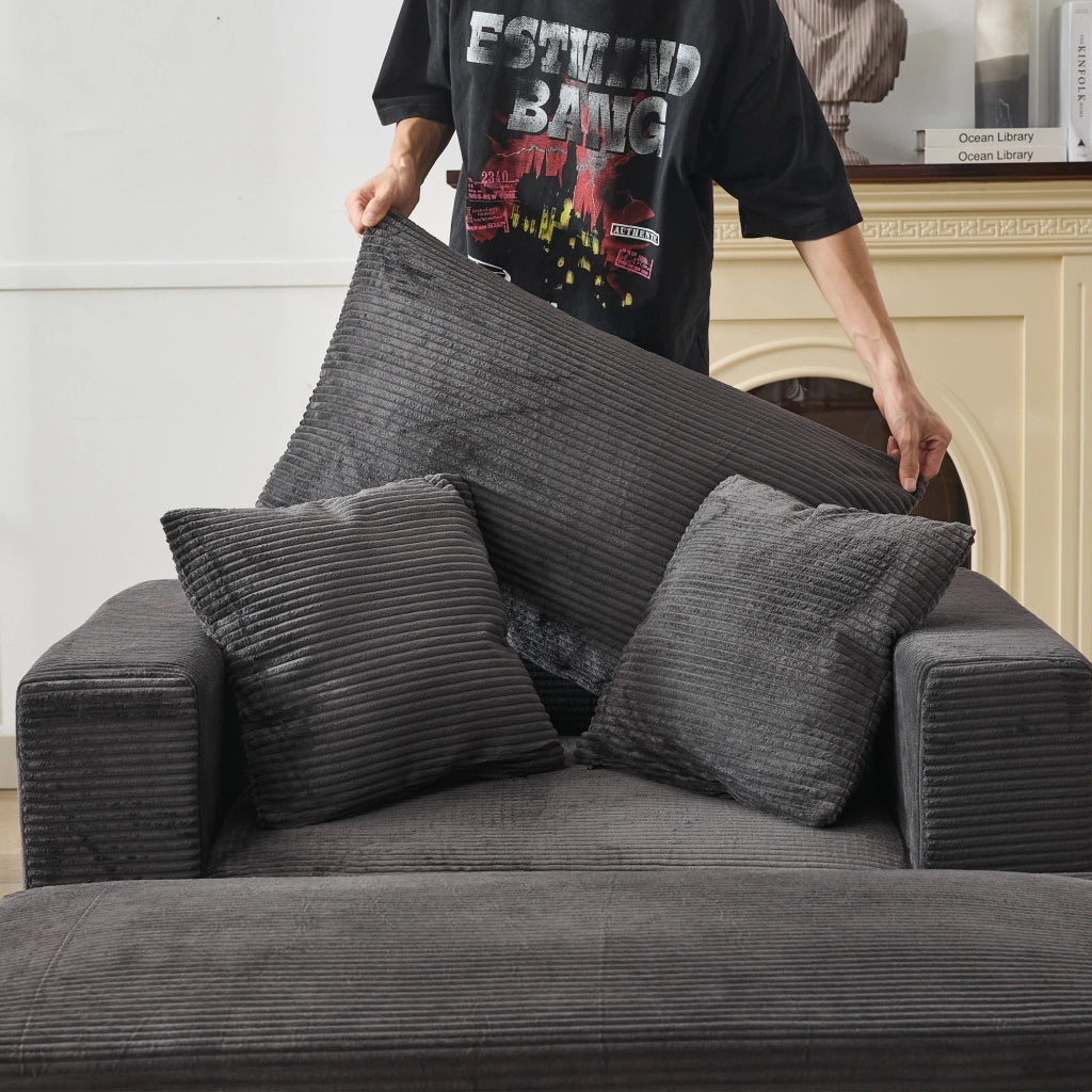 Chaise longue con contenitore e 3 cuscini per soggiorno e camera, in metallo e legno grigio, 107 × 74 × 57 cm