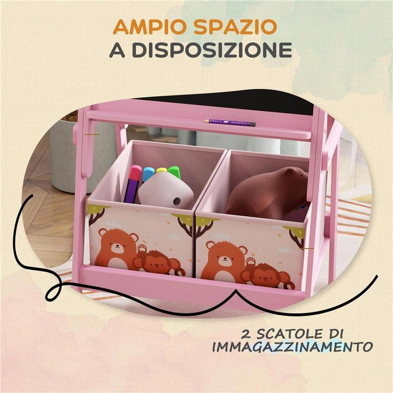 CAVALLETTO ARTISTICO PER BAMBINI 3-8 ANNI CON LAVAGNA A 2 LATI E 2 CESTINI CONTENITORI, IN LEGNO, 53.5X49X113 CM, ROSA