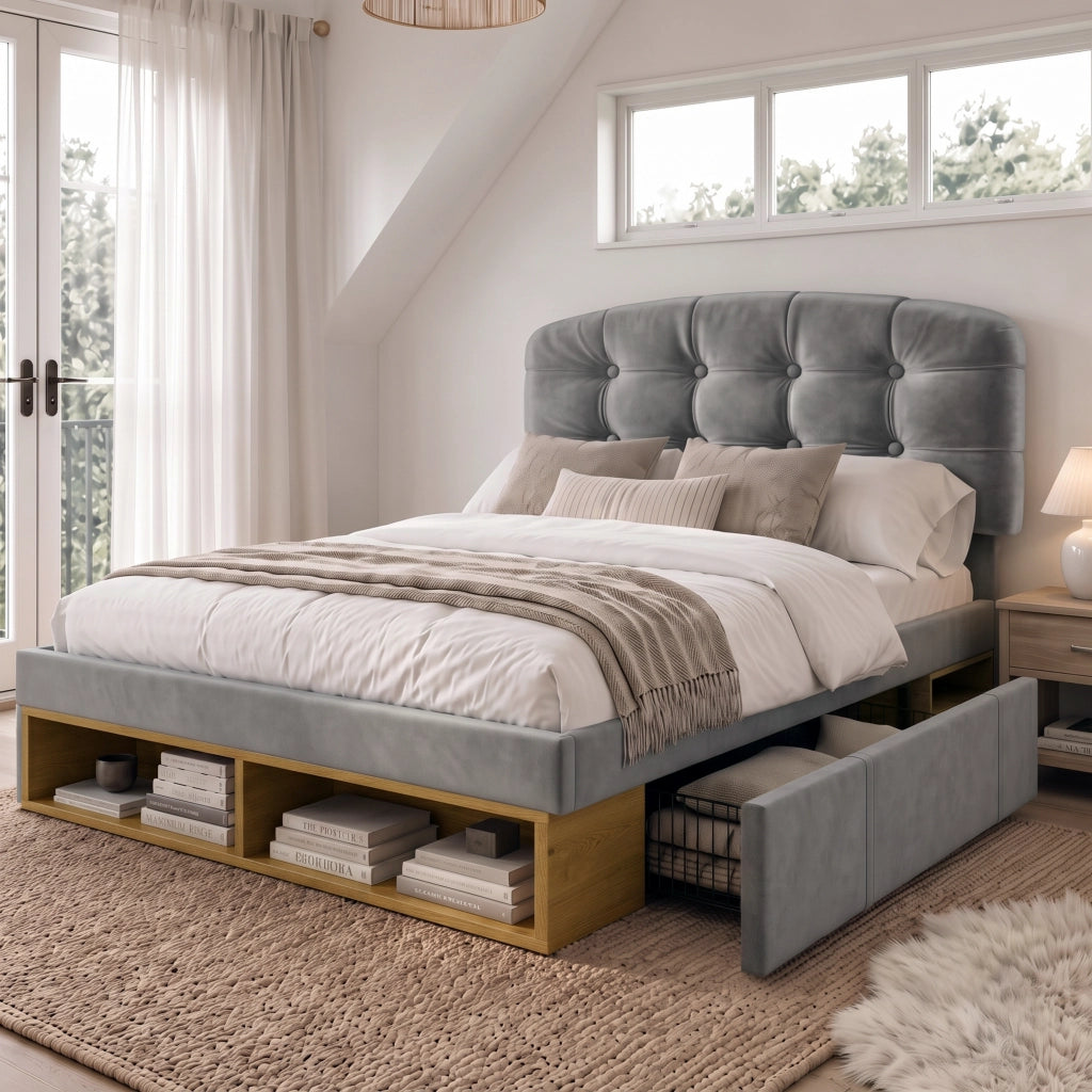 Letto singolo in velluto grigio 90x200 testiera curva regolabile cassetti doghe