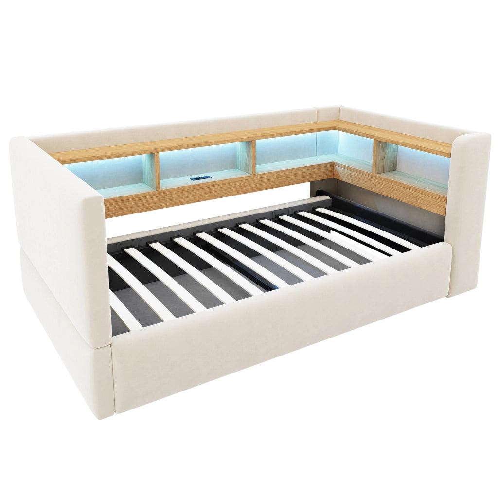 Letto imbottito trasformabile 90x190 cm con contenitore idraulico, LED, prese e rivestimento beige