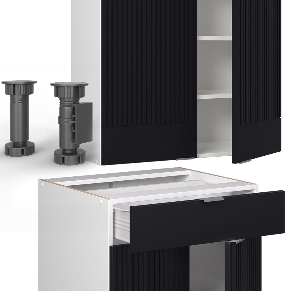 Cucina completa Fame-Line Nero rigato/Bianco 140 cm, PL Rovere Vicco