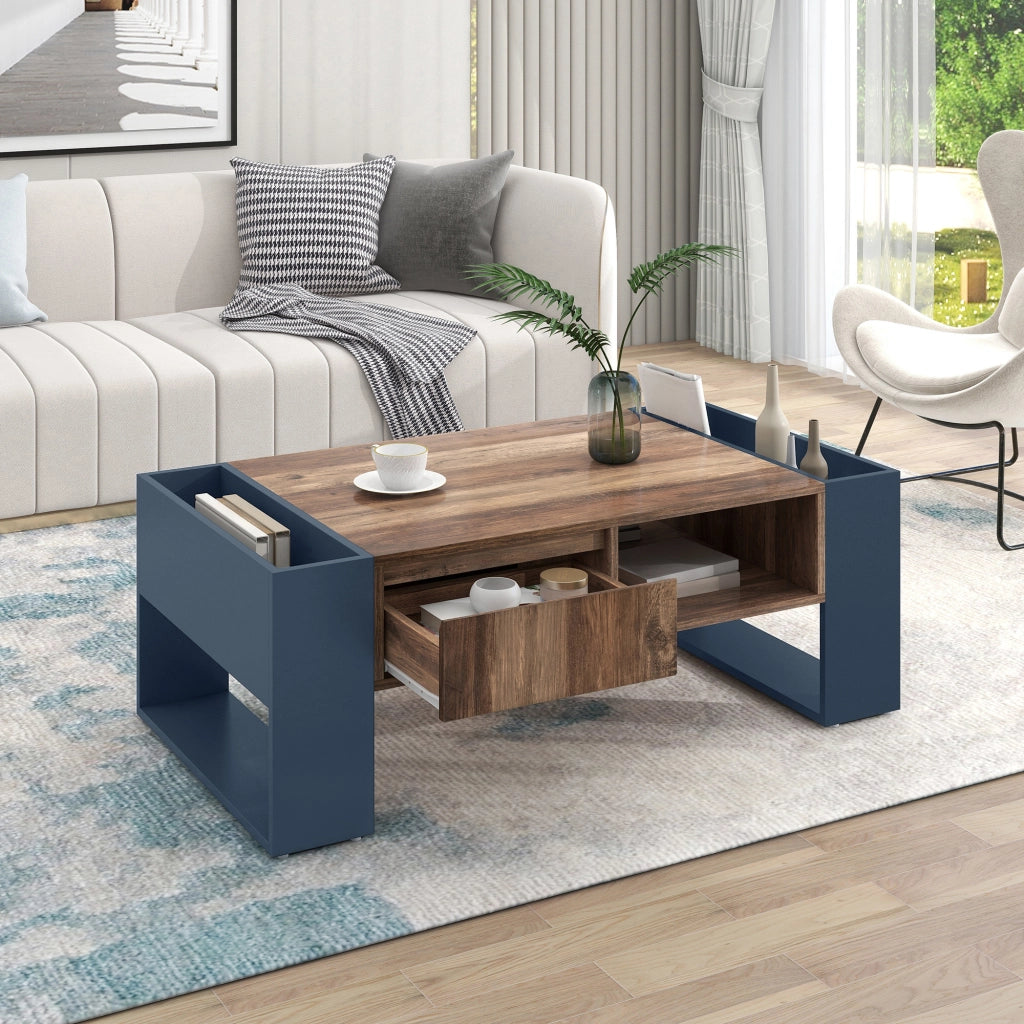 Tavolino da salotto 111x40x60 cm; ampi vani portaoggetti; truciolato; legno e nero
