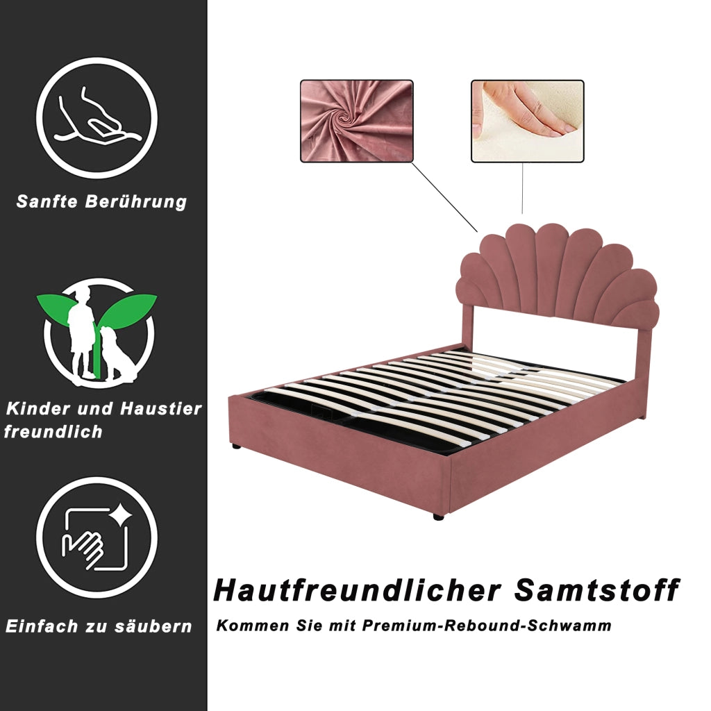 OKWISH Letto contenitore 140×200 cm, Letto Matrimoniale con Testiera Regolabile, Contenitore Idraulico e Rete, senza Materasso, Rosa