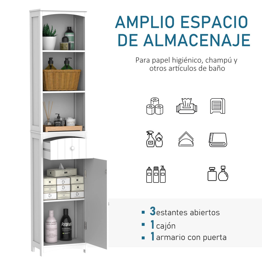 Armadietto Alto Bagno Stretto con Cassetto e Ripiani ¨C zephmum ¨C Bianco 34x24x170 cm