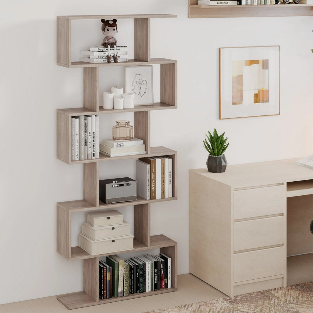 Libreria a 6 livelli a forma di S con dispositivo antiribaltamento-Scaffale di legno per casa e ufficio Grigio chiaro