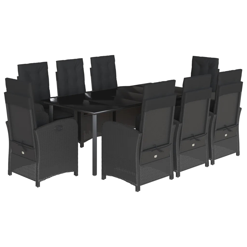 Set da Pranzo da Giardino 9 pz con Cuscini Nero in Polyrattan