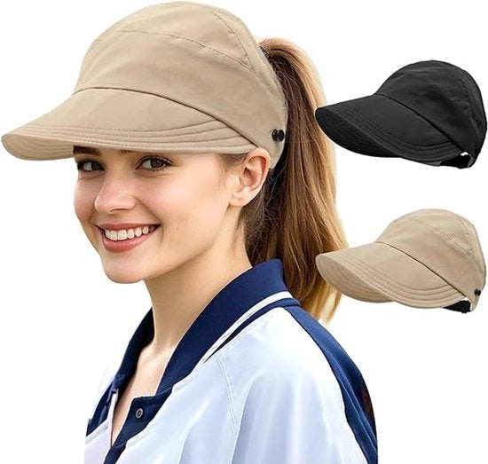 Zonnehoed per donna - Zonnehoed per donna con cappello a cupola - Zonnehoed estensibile per donna con bordo ampio - Set di 2 (zonnehoed, visiera di gel per la faccia) - Caffè