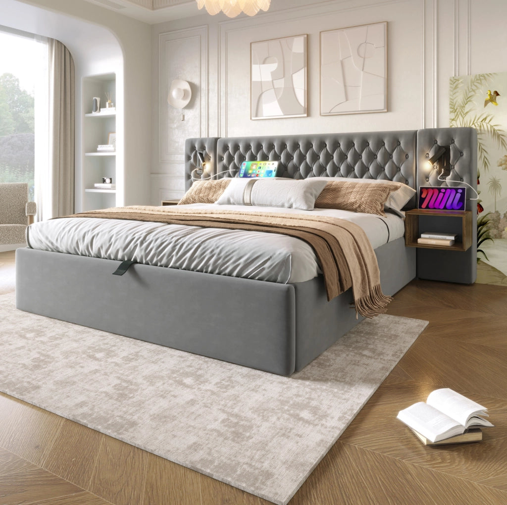 Letto matrimoniale 180x200 cm con contenitore idraulico; 2 comodini; luci LED e porte USB/Type-C; grigio velluto