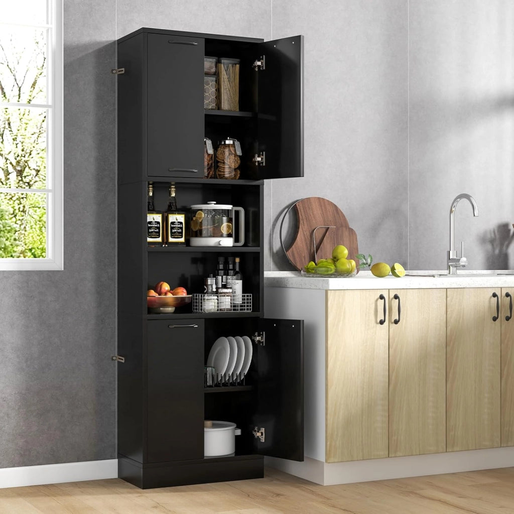 Credenza da Cucina Alta 190 cm con 4 Ante, 2 Scomparti Aperti e 6 Ripiani, 4 Kit Antiribaltamento, Armadio Portaoggetti per Cucina e Bagno